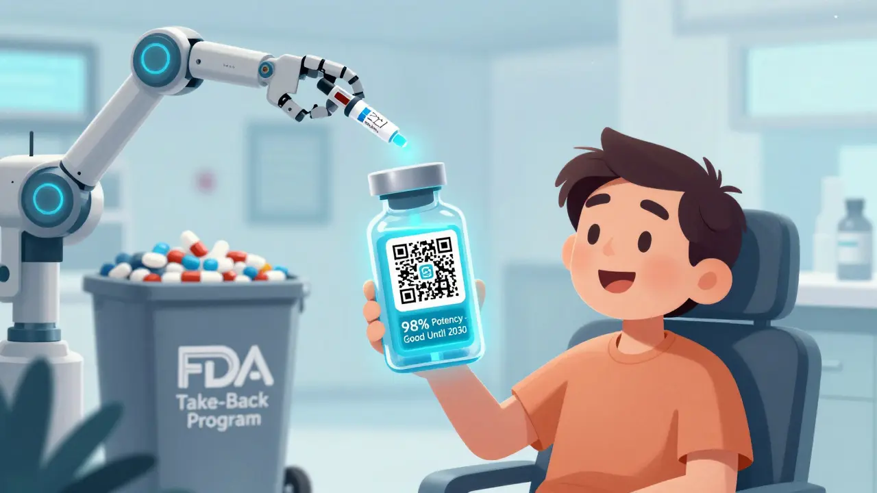 A smart medicine bottle with a digital potency display, held by a patient near a pharmacy take-back bin.