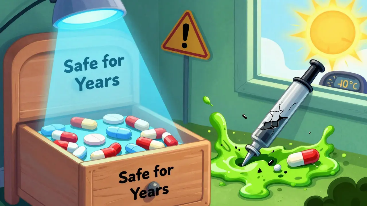 A split scene showing safe pills in a cool drawer versus dangerous expired insulin and nitroglycerin in heat.