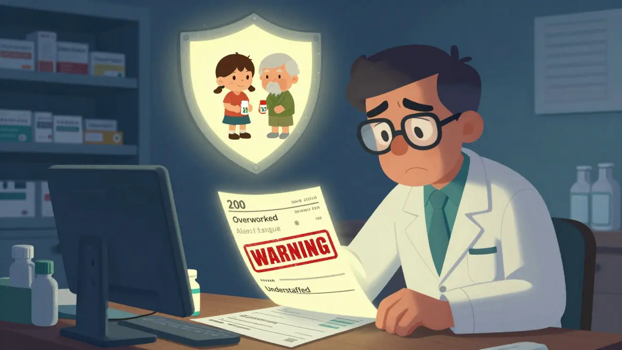 A tired but determined pharmacist at night surrounded by hundreds of prescriptions, with a protective heart-shaped shield above patients.