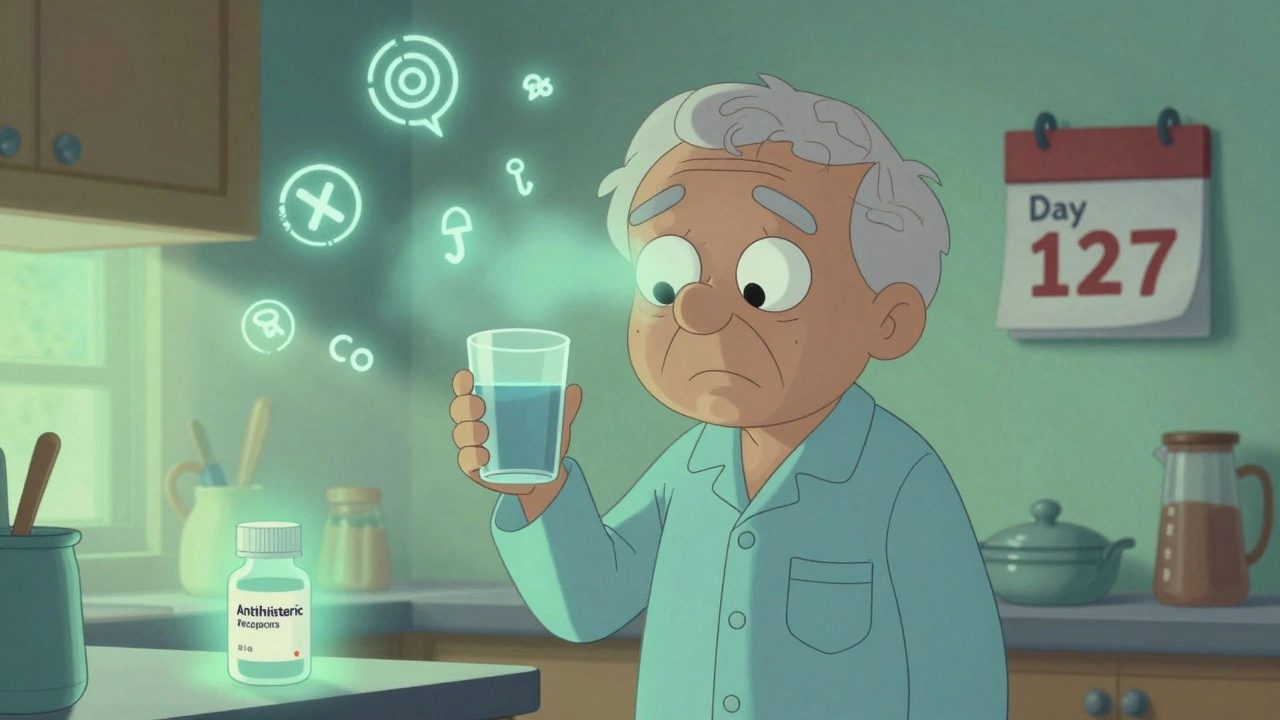 An elderly person confused in a kitchen, surrounded by anticholinergic symbols, with a Zyrtec bottle glowing nearby.