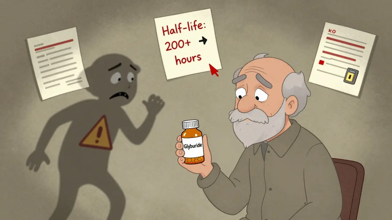 An elderly person holding a pill bottle, their shadow shaking with signs of low blood sugar from medication buildup.