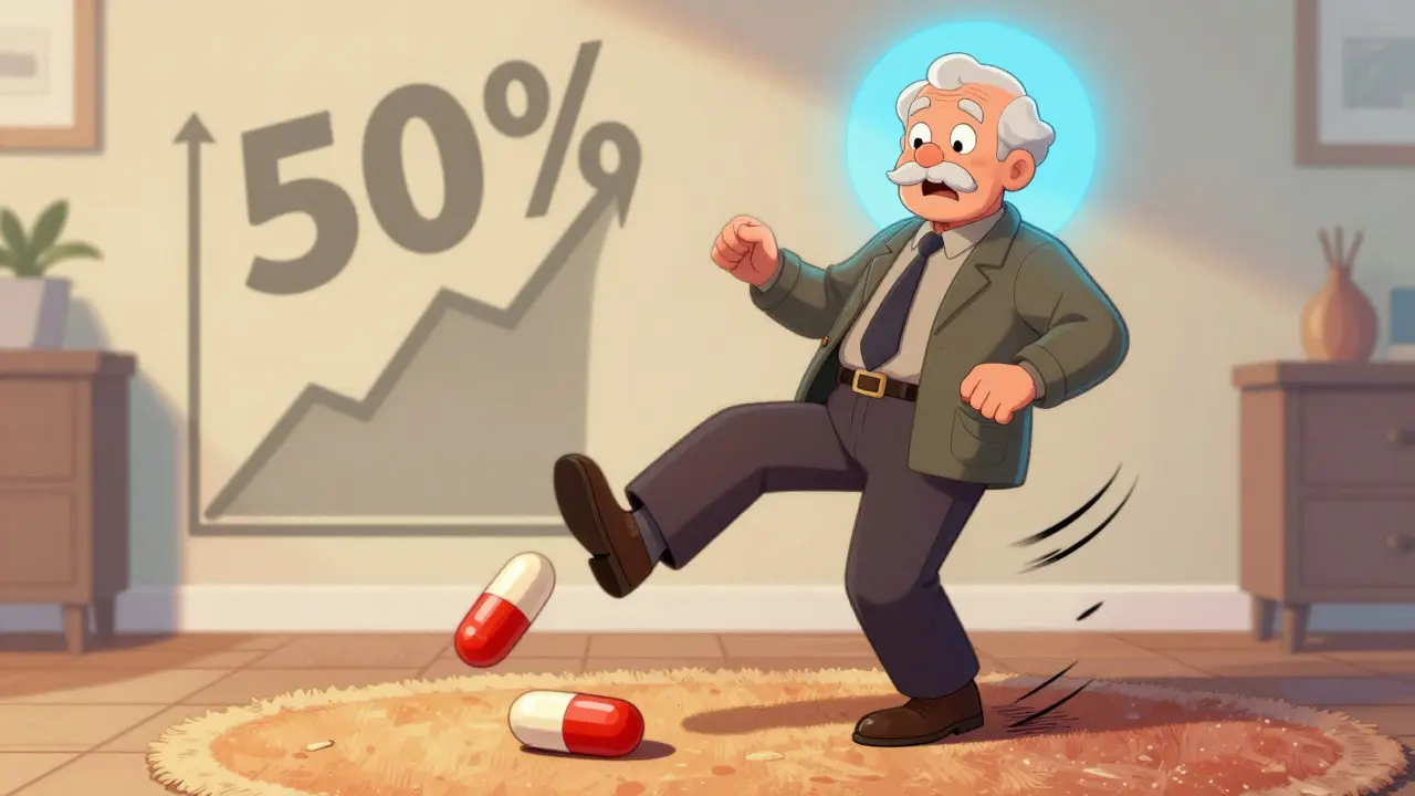 An elderly person slipping on a rug while benzodiazepine pills fall from their pocket, with a fall risk graph in the background.