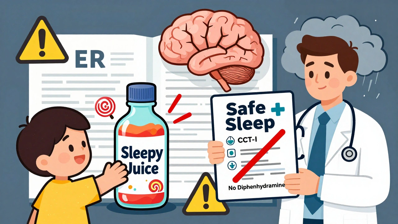 Child reaching for a candy-like sleep bottle while a doctor presents safer alternatives in a split cartoon scene.