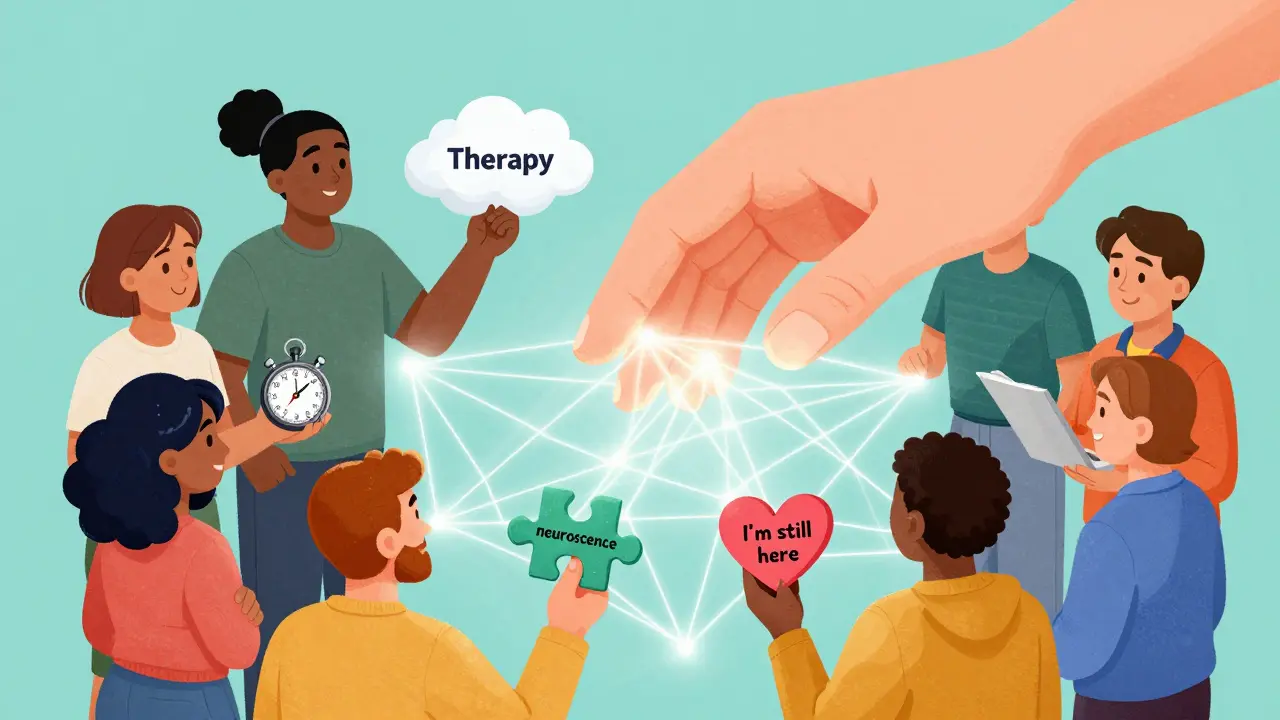 Diverse group holds CBT tools like stopwatch and breathing cloud, connected by a glowing empowerment web.