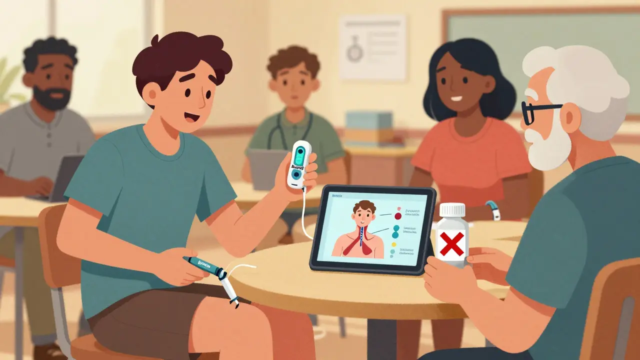 Diverse group practicing EpiPen use with voice-guided device and medical alert bracelet, symbolizing preparedness for anaphylaxis.