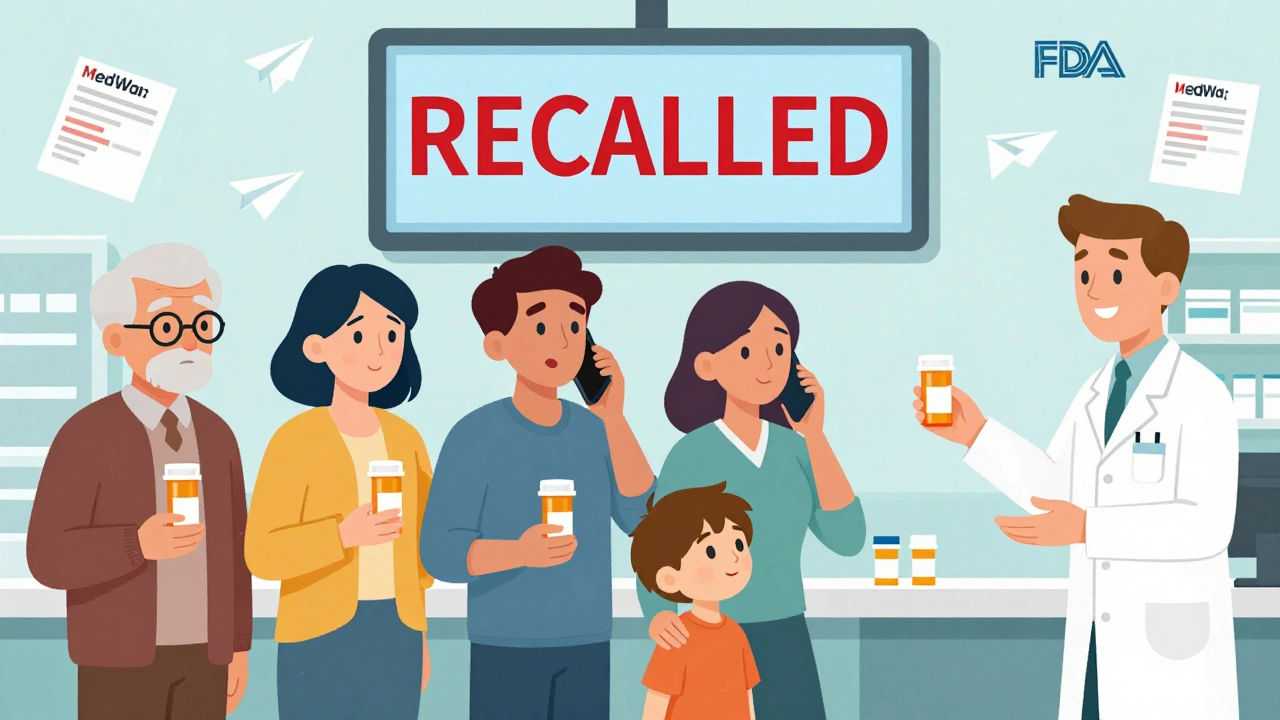 Diverse people at a pharmacy, one checking a recalled lot number, pharmacist handing replacement, FDA icons floating above.