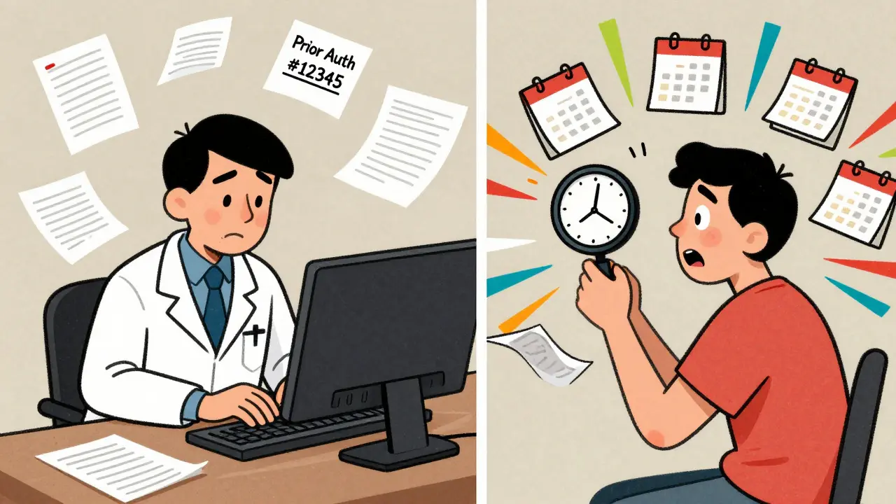 Doctor fills out paperwork as time flies by, patient anxiously watches a rapidly changing calendar.