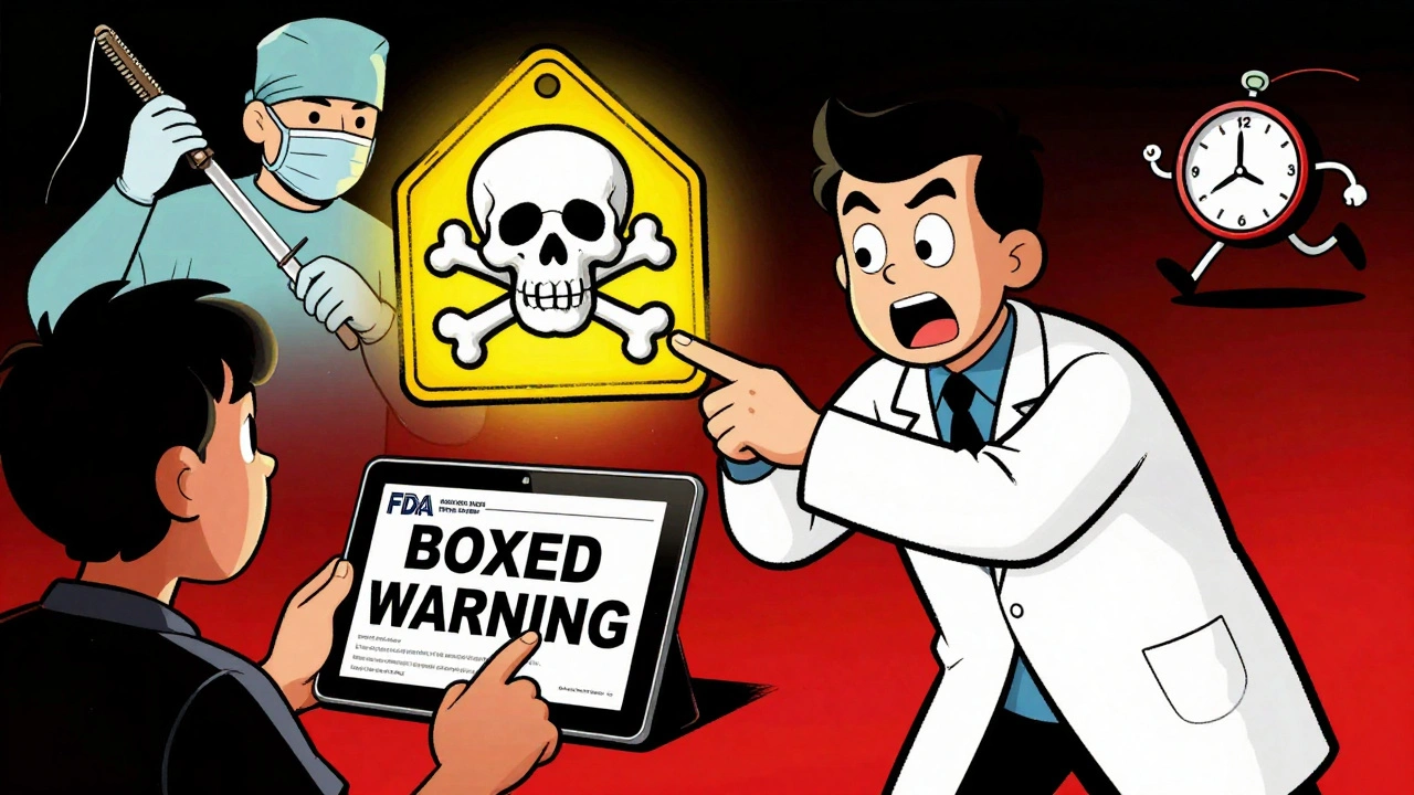 Doctor pointing to a giant FDA boxed warning label while a patient holds up an alert, surgeon with scalpel in background.