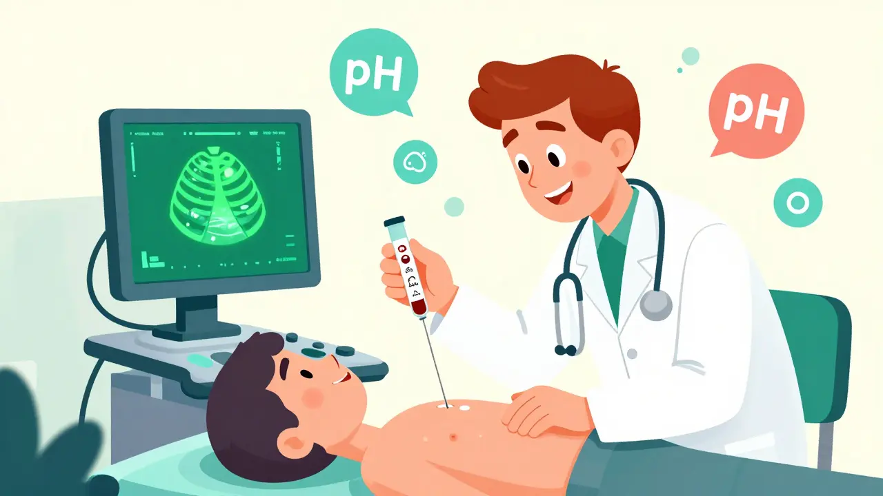 Doctor using ultrasound to drain fluid from patient's chest during thoracentesis