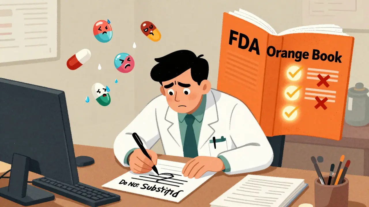 Doctor writing 'Do Not Substitute' on prescription, animated medication pills with nervous expressions, FDA Orange Book open nearby.