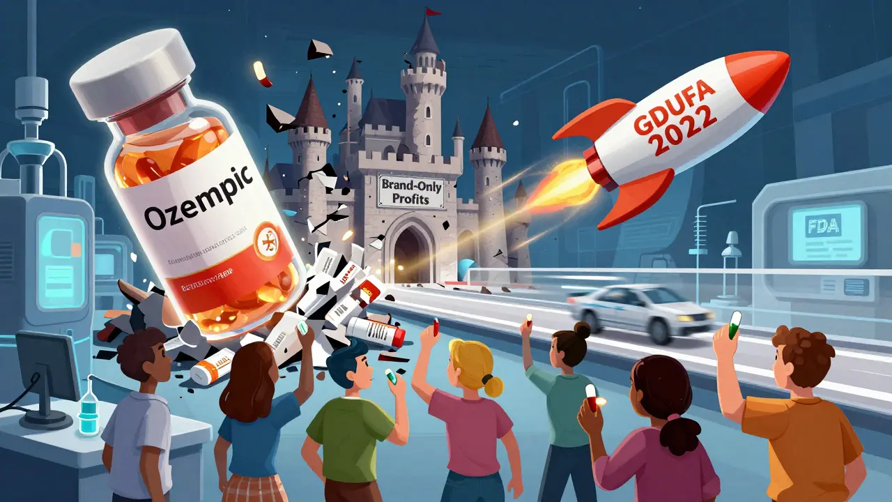 Futuristic new drugs in a lab as old brand profits crumble, patients cheer with generics, FDA rocket flies above.