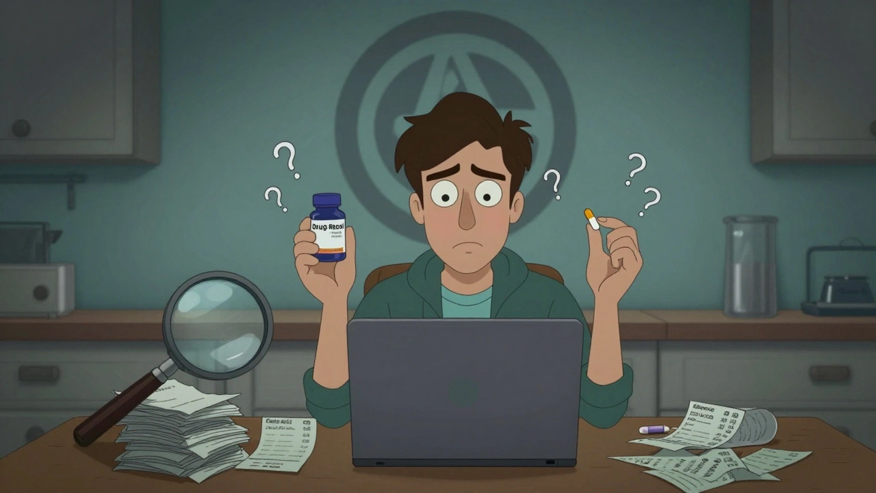 Gen Xer holding two pills, skeptical, with corporate logo and price receipts in background.