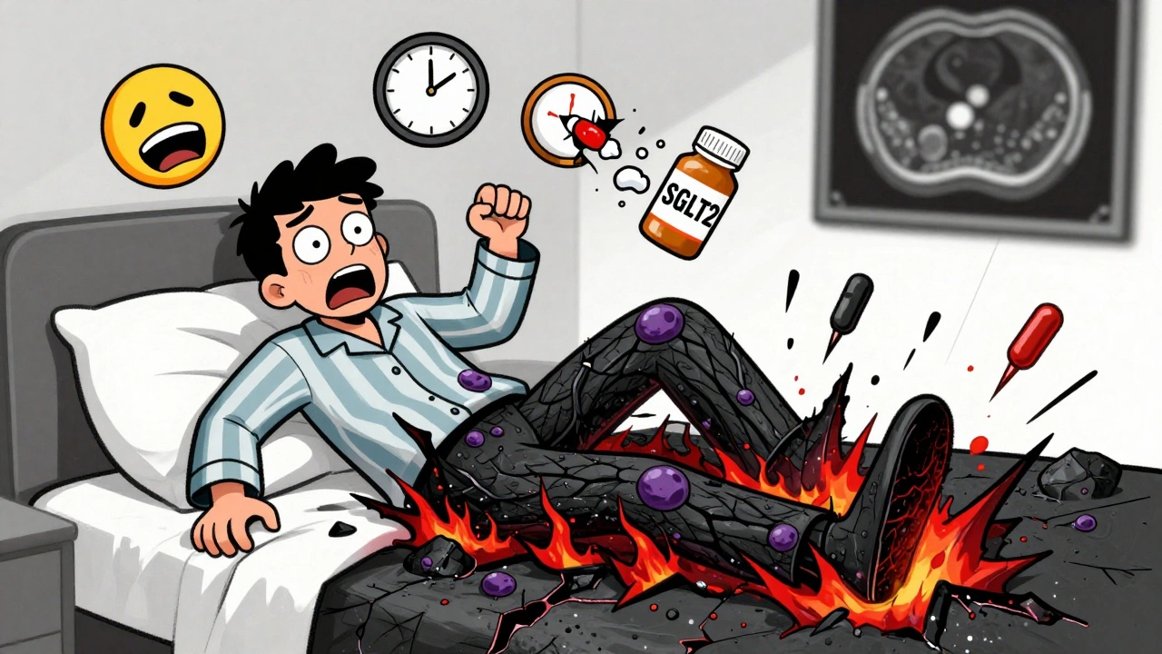 Man with rapidly spreading black cracks and swelling in genital area, surrounded by warning symbols and a ticking clock.