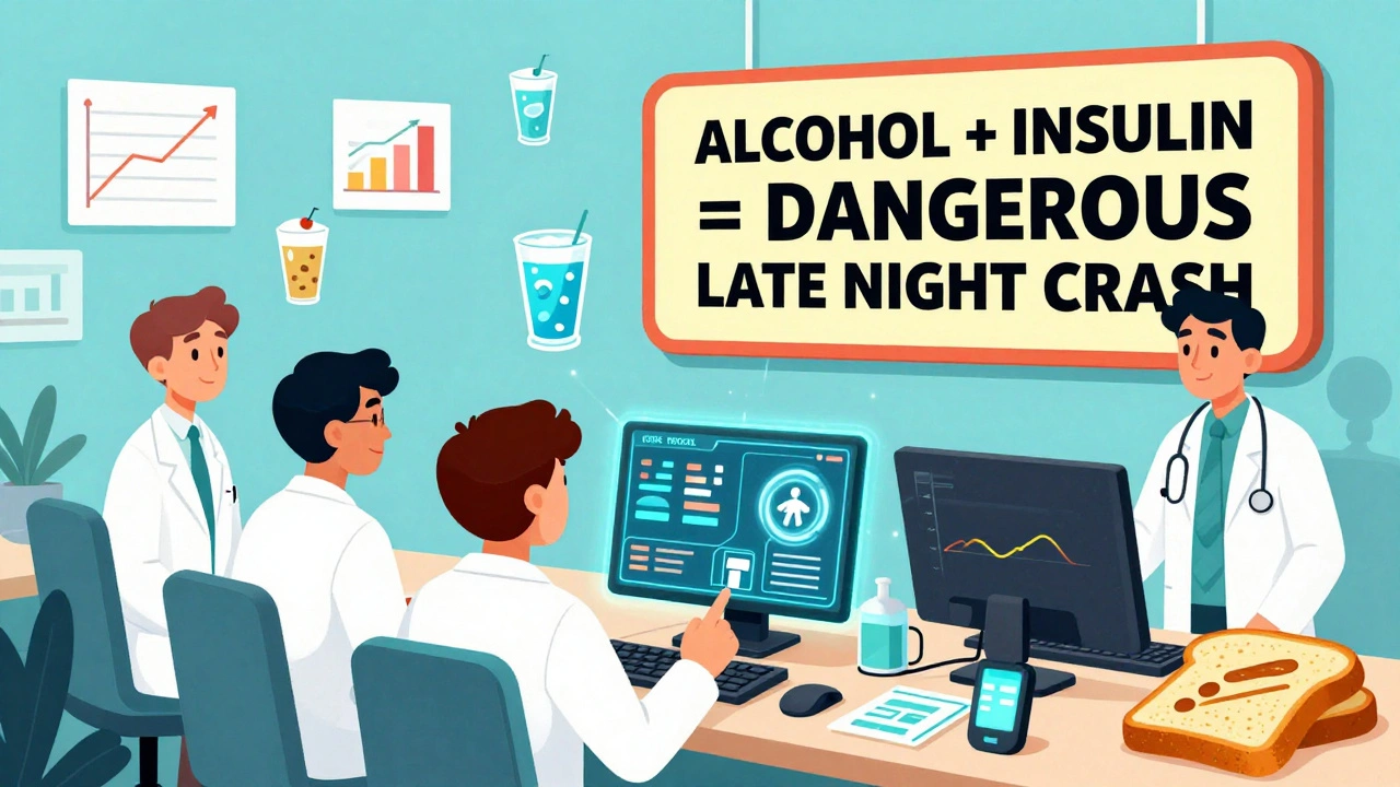 Medical team using AI dashboard to predict alcohol-diabetes risks with floating graphs and drinks.