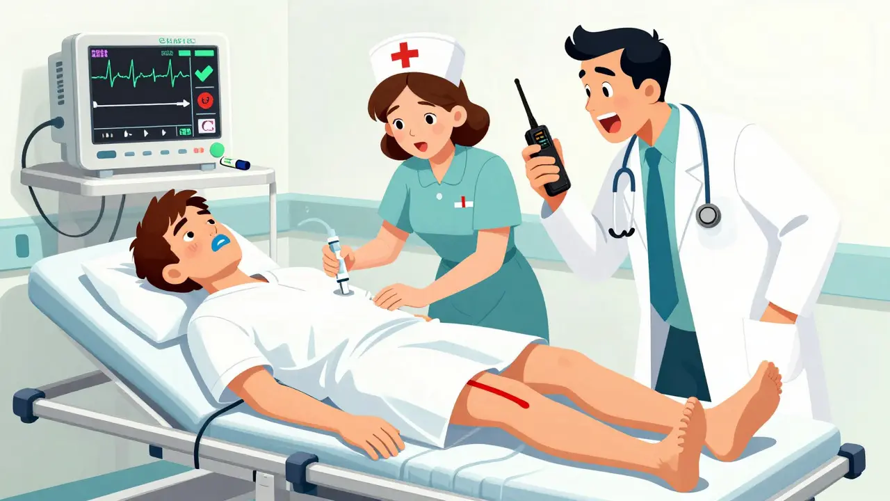 Nurse giving epinephrine to a collapsed patient in hospital, with monitor showing cardiac arrest and timer indicating dangerous delay.