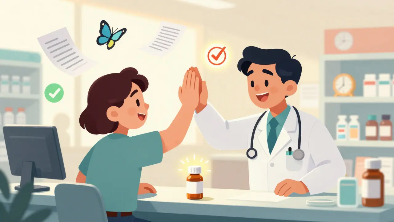 Patient and doctor celebrate with approval stamp over medication, denial letters turning into butterflies.