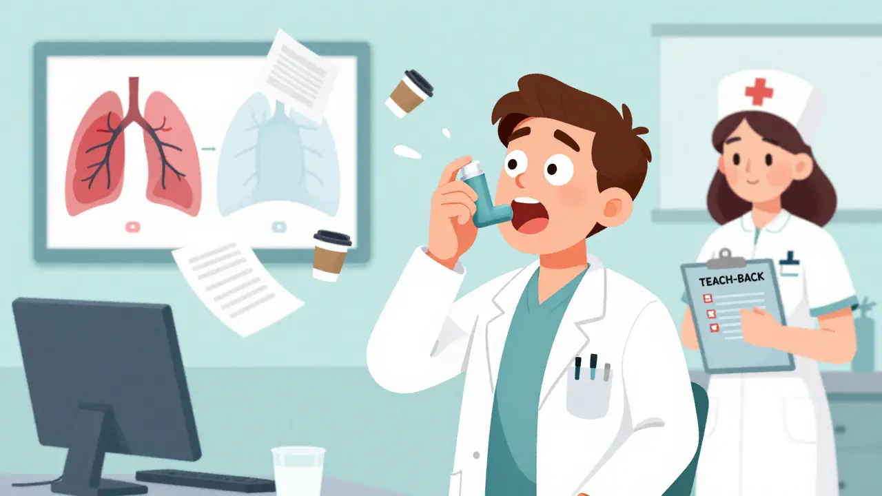 Patient demonstrating correct inhaler technique in doctor's office with nurse watching