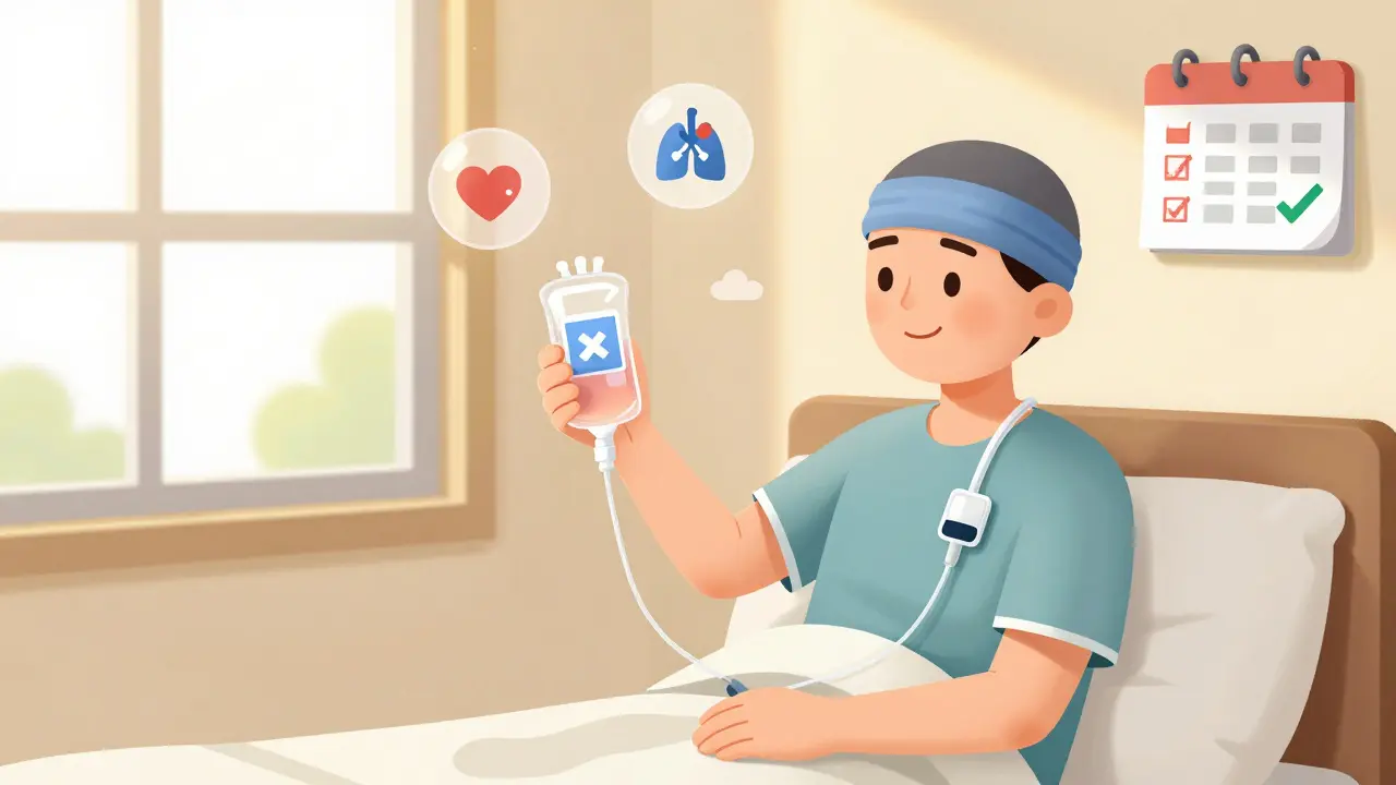 Patient draining fluid at home via indwelling catheter with sunlight streaming in