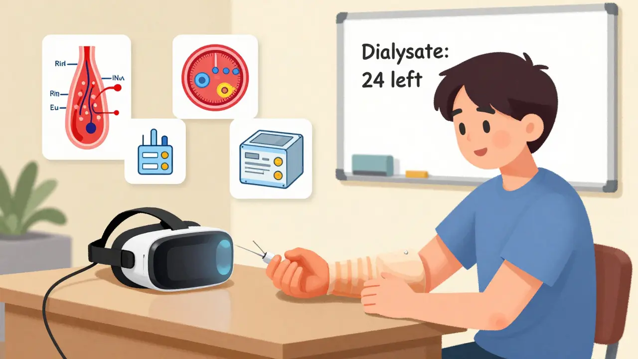 Patient practicing self-needling with a VR trainer and educational diagrams floating nearby.