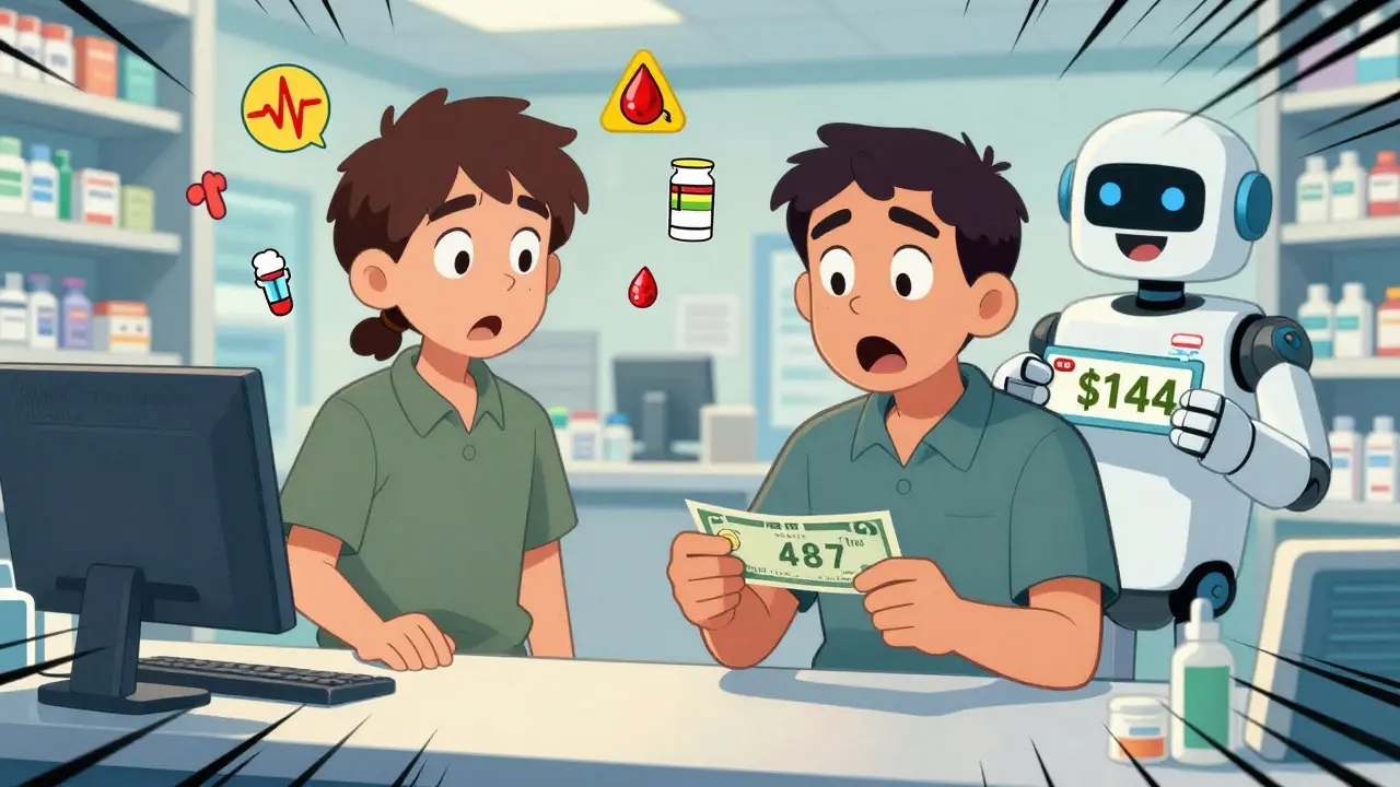 Patient shocked at 7 bill, insurance robot offering 4 coupon, medical icons floating as warning signals.