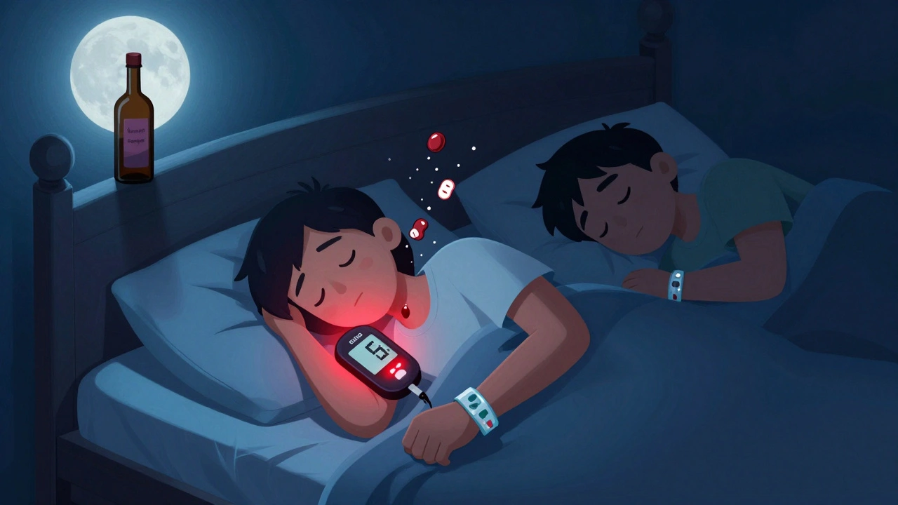 Person sleeping as blood sugar plummets at night, alcohol bottle looming, CGM alarm glowing red.