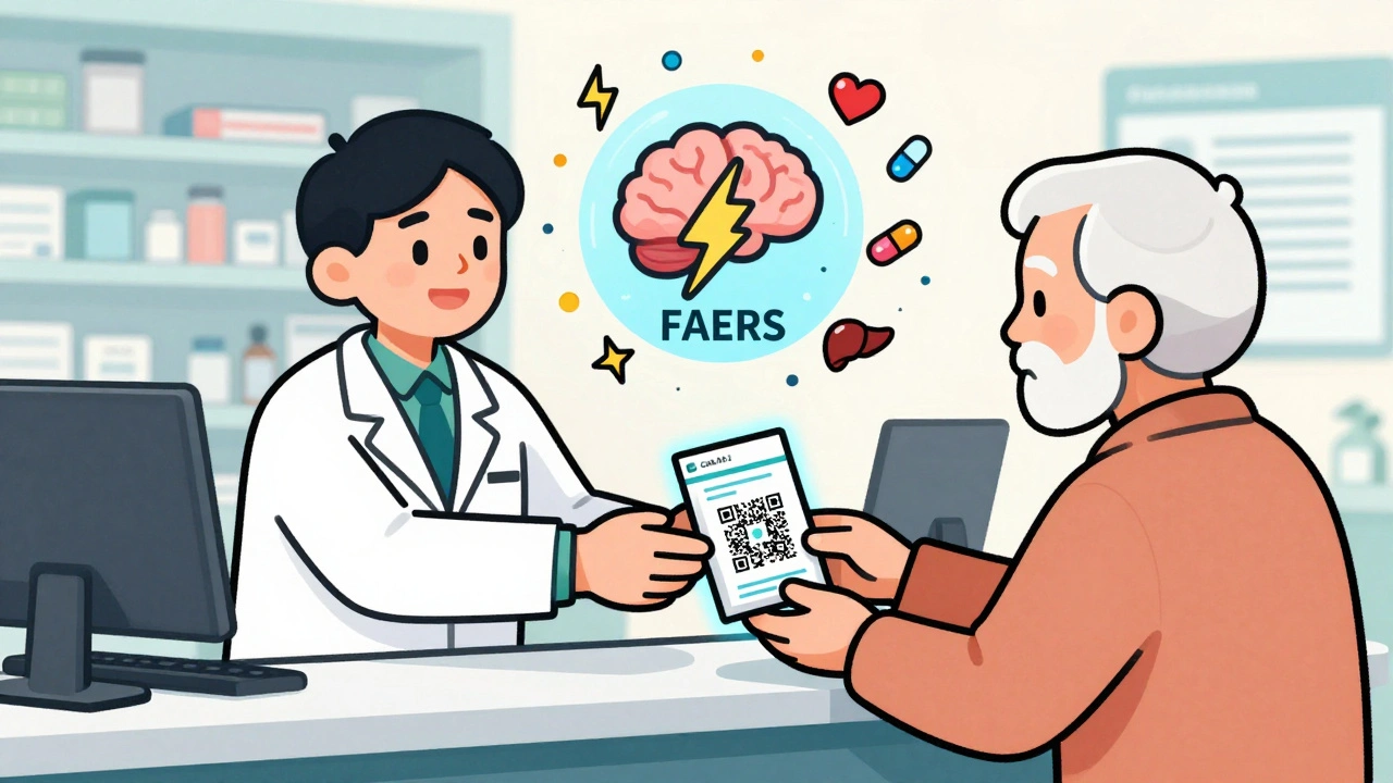 Pharmacist gives prescription bag with QR code to elderly patient, animated database icons floating above.