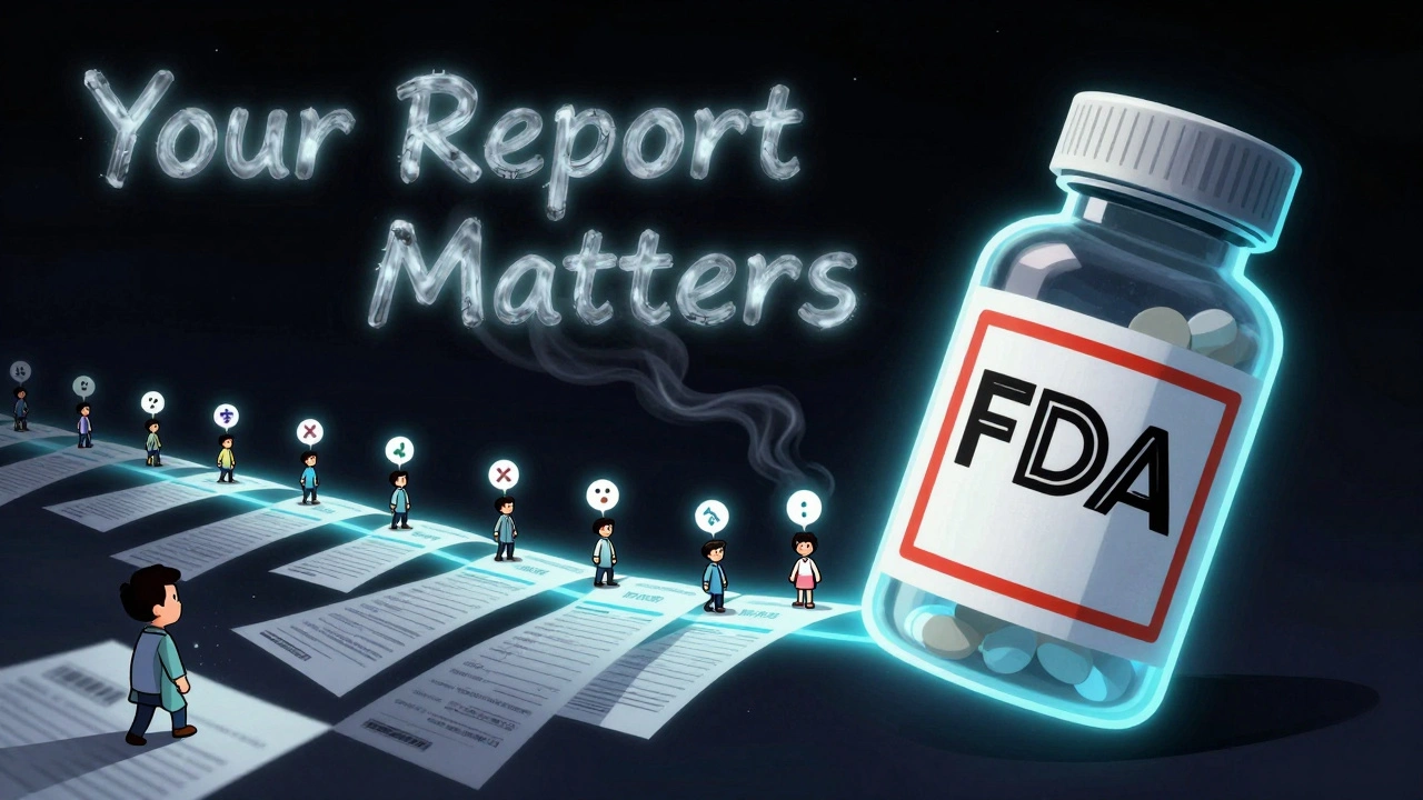 Single report grows into a wave of thousands, ending in a giant FDA warning label on a pill bottle.