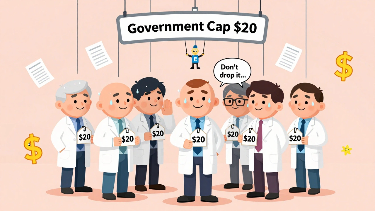 Six generic makers all holding identical price tags at government cap, manipulated by a hidden PBM puppet.