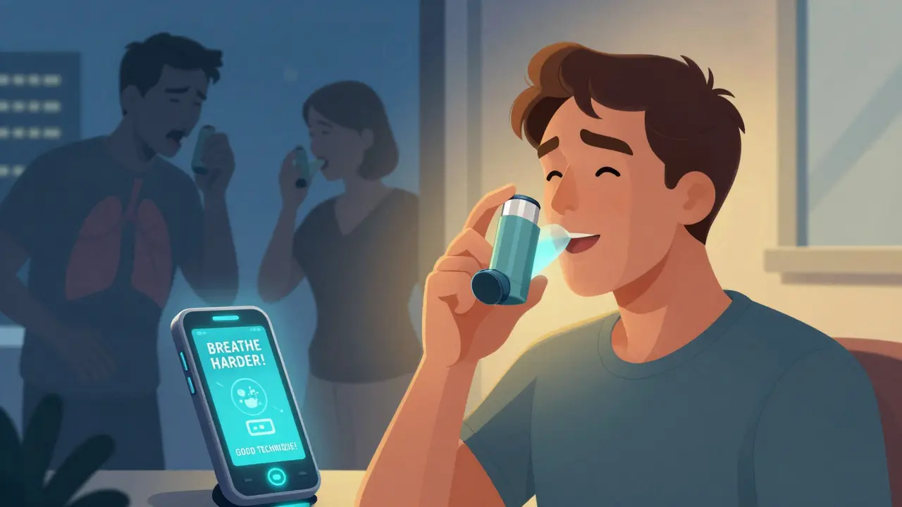 Smart inhaler with feedback screen helping patient breathe correctly while others struggle