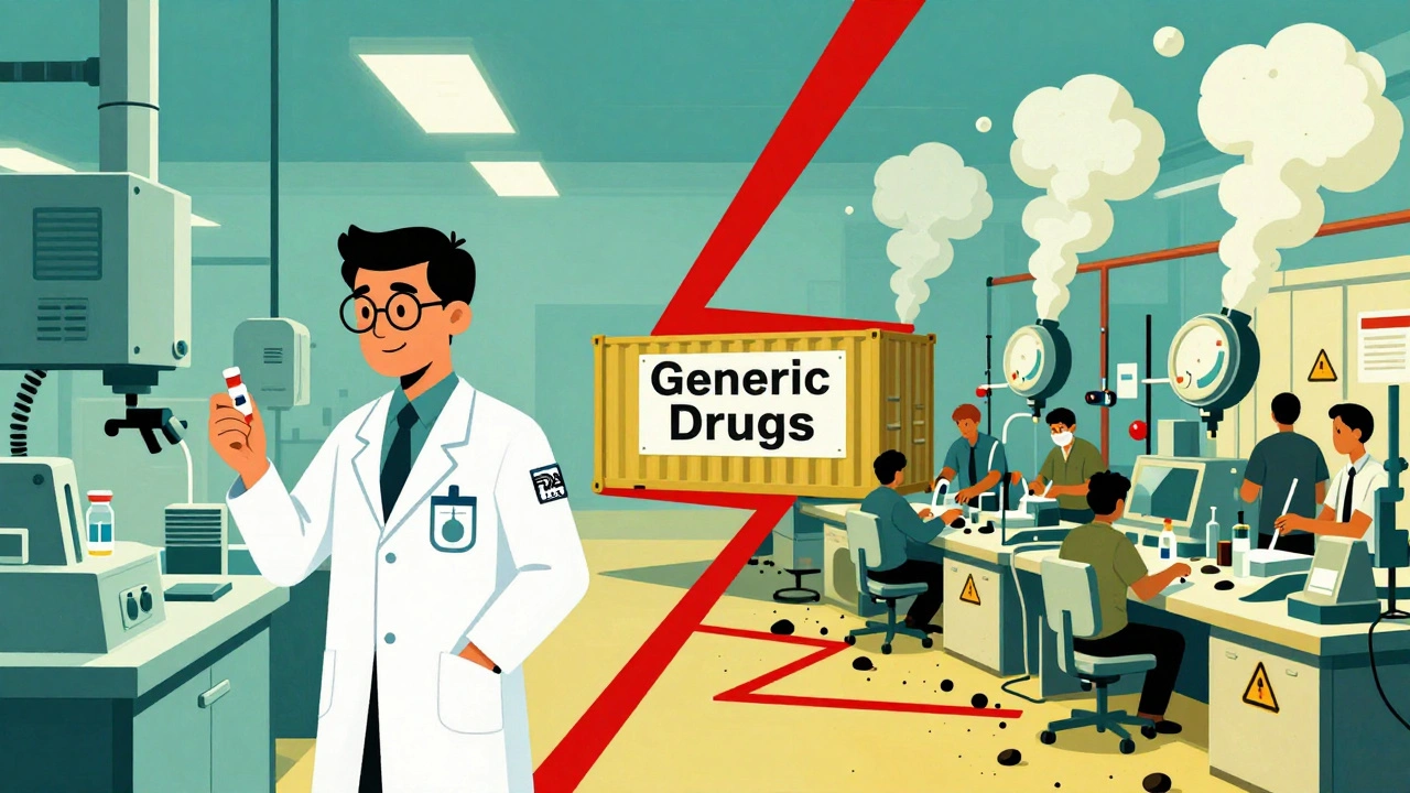 Split illustration: clean U.S. factory vs chaotic overseas factory, connected by a shipping container labeled &#039;Generic Drugs&#039;.