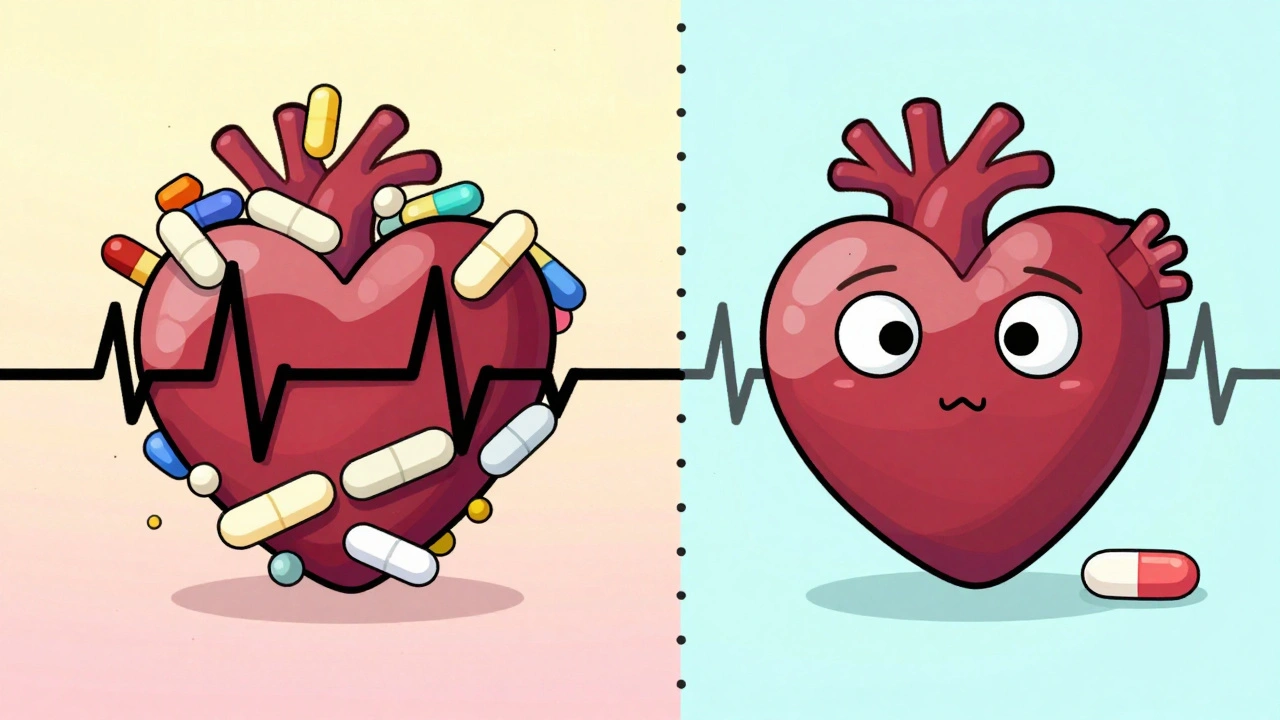 Split scene: chaotic pill tangle causing heart rhythm danger vs. clean scene with escitalopram and steady heartbeat.