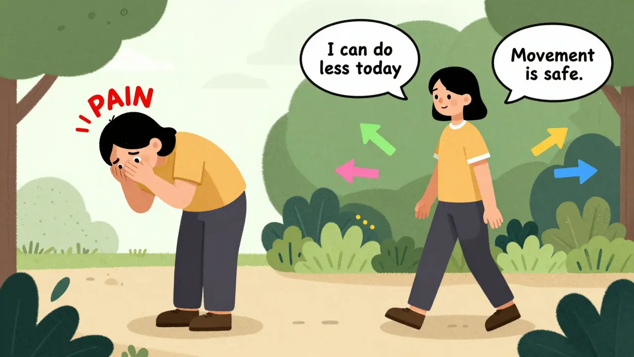 Split scene: fearful person avoiding movement vs. same person walking peacefully with positive thoughts.