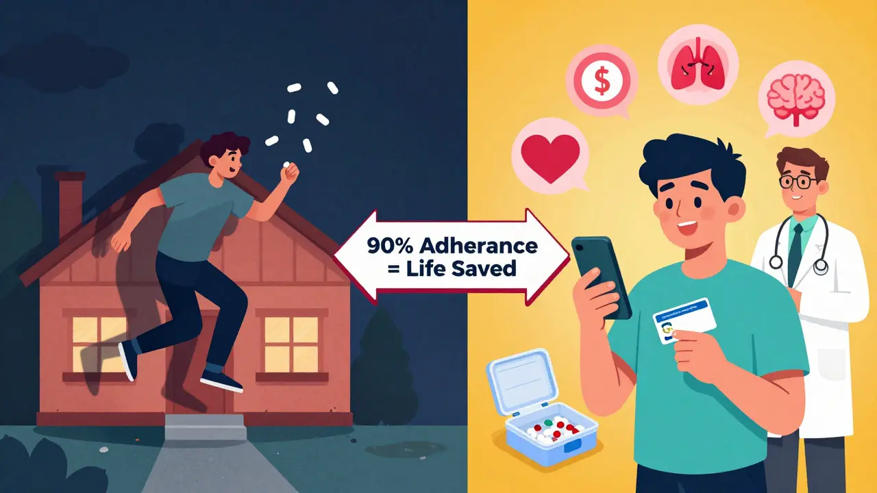 Split scene: person skipping meds in darkness vs. using reminders and pill box in bright light with health icons.