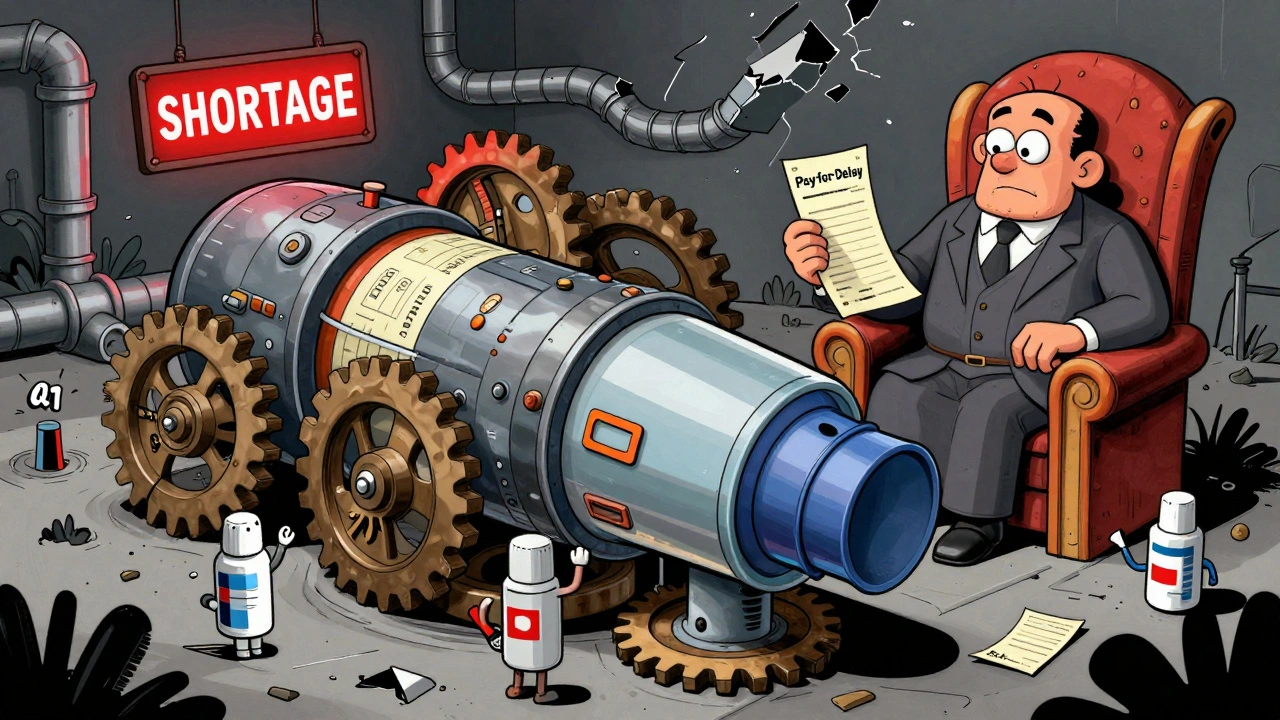 Two small companies struggling to copy a complex inhaler while a giant brand watches with patent in hand.