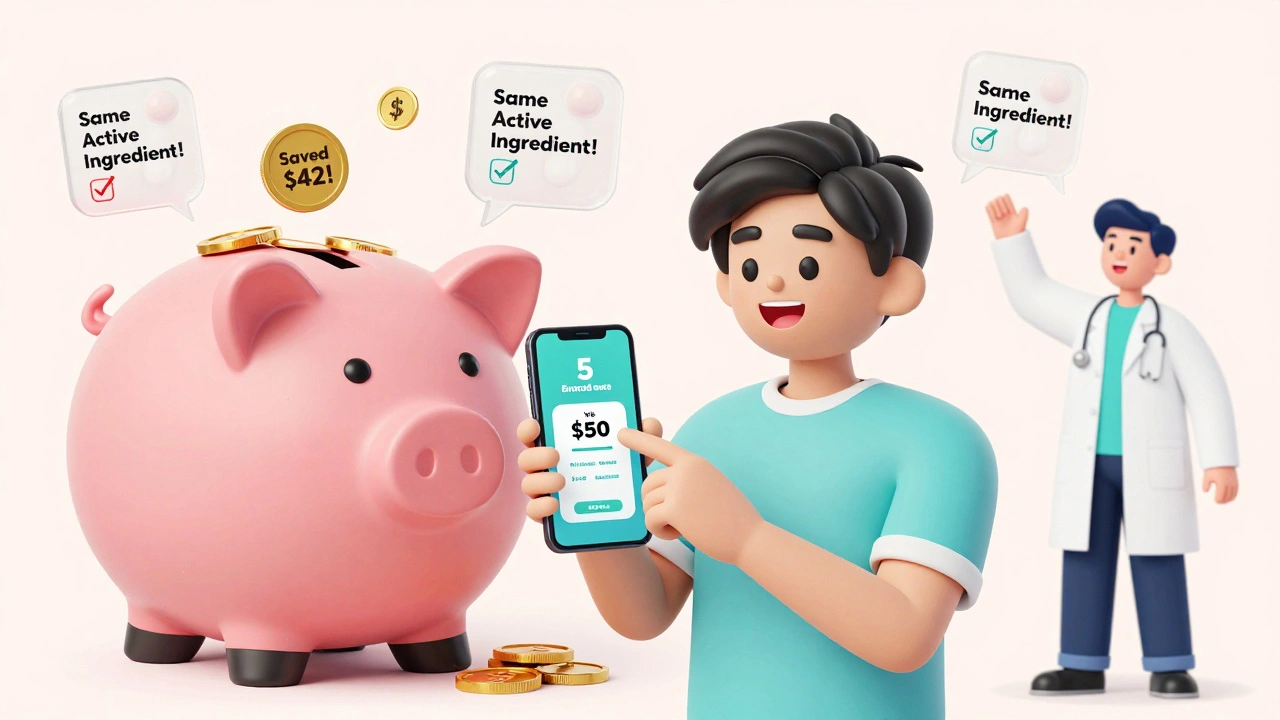 Young person smiling at phone showing generic drug savings, piggy bank filling with coins, doctor high-fiving.