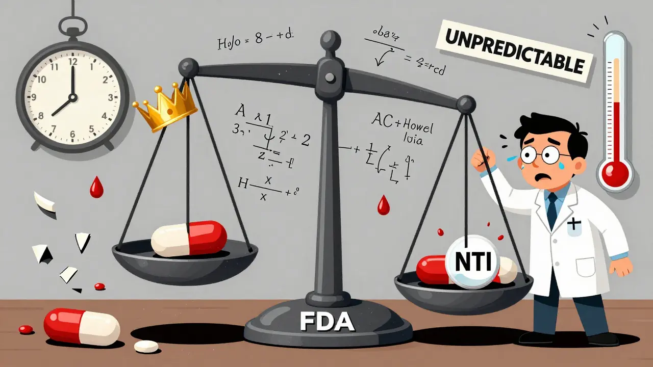 A giant FDA scale tips between a brand-name pill and two unstable generic pills, with chaotic math and blood droplets.