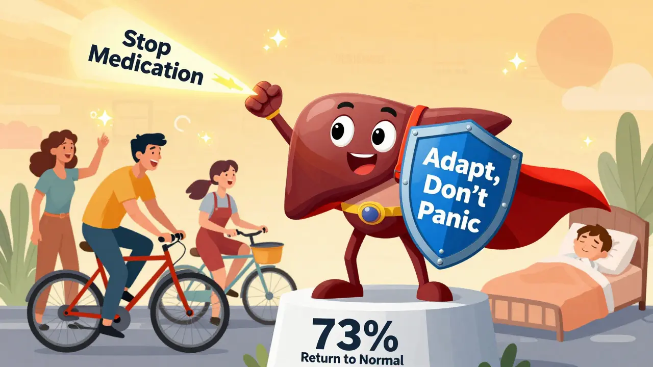 A liver superhero deflecting 'stop medication' arrows, with happy patients and glowing microRNA stars in background.