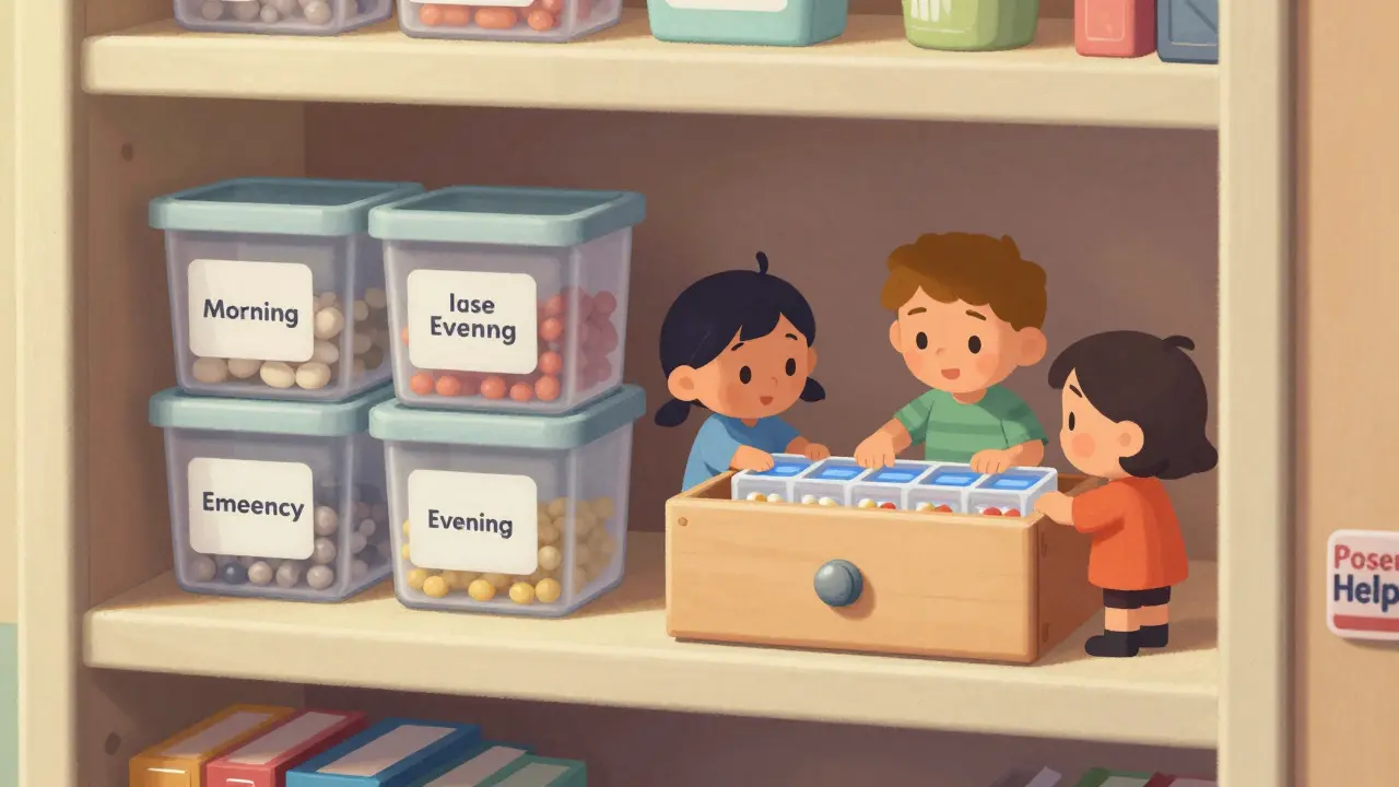 A neatly organized bedroom shelf with labeled medicine containers and a locked drawer for child safety.