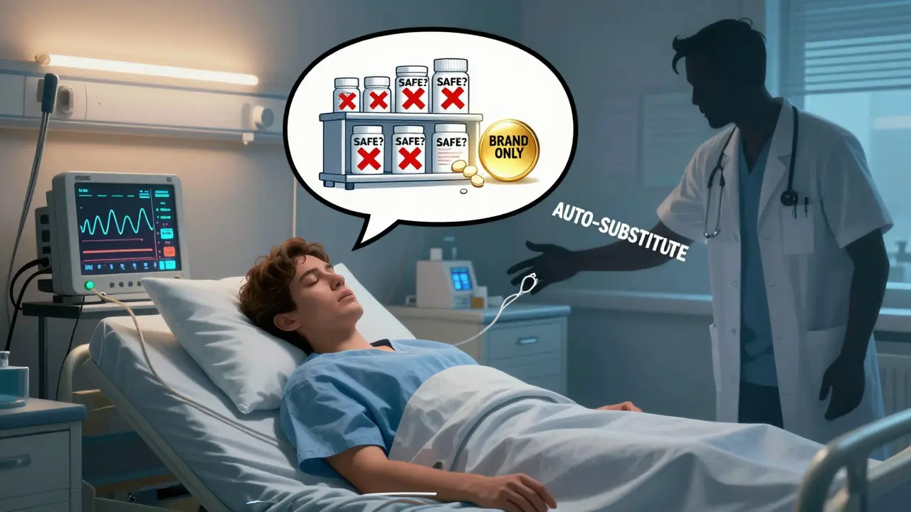 A patient in hospital with a screaming INR monitor, surrounded by floating generic pills marked with red X's.