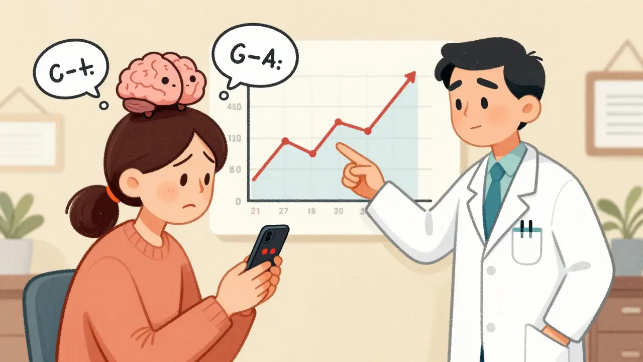 A patient overwhelmed by alert icons on a phone, while a doctor points to a trend graph showing gradual health changes over time.