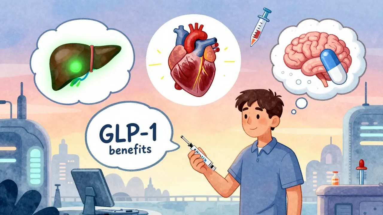 A person receiving a GLP-1 injection with floating illustrations of liver, heart, and brain health benefits around them.
