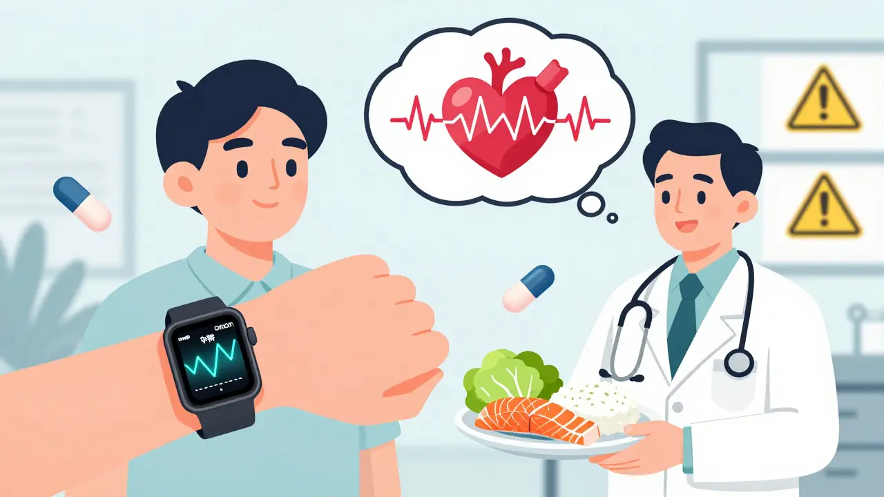 A person wearing a smartwatch showing potassium levels, eating balanced meals with their doctor, while a thought bubble displays a risky heart rhythm.