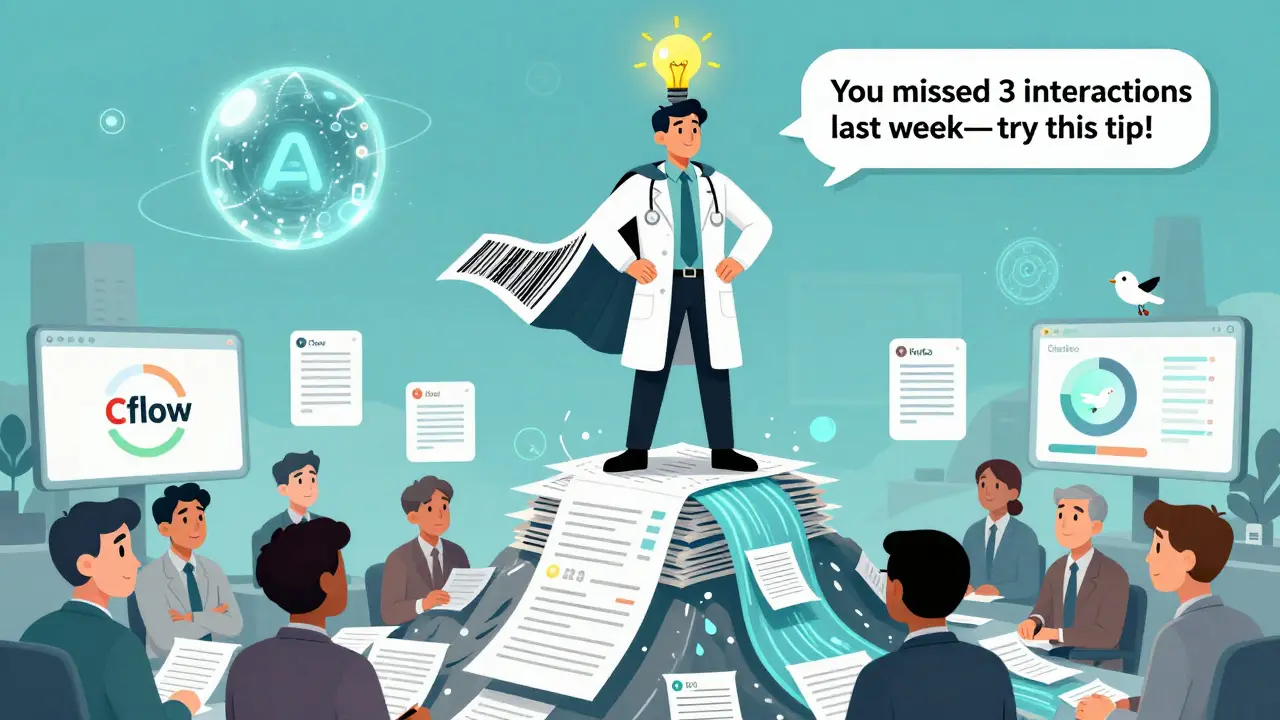 A pharmacist superhero standing on dissolving paper prescriptions, guided by digital workflow icons.