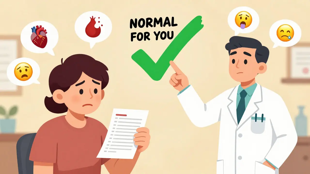 A worried patient and calm doctor beside a blood test, with a giant green checkmark and floating panic symbols.
