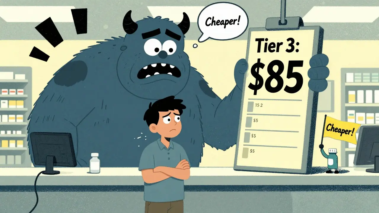 Confused patient facing a huge price tag for a brand-name drug