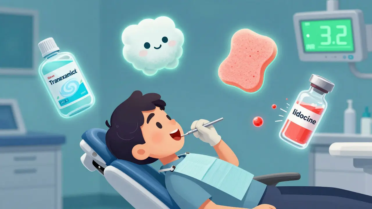 Dental tools for bleeding control floating beside patient during tooth extraction