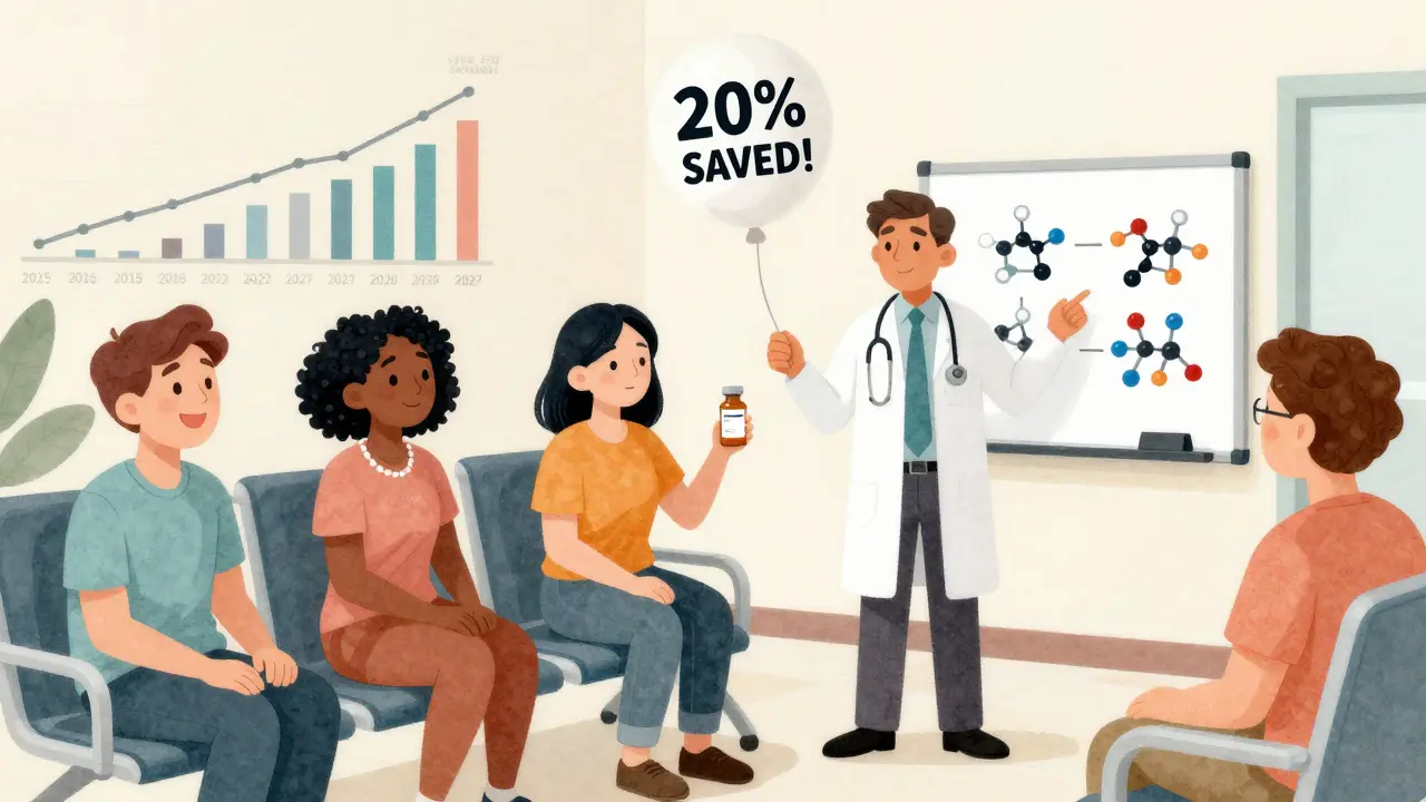 Diverse patients in clinic receiving generics and biosimilars, doctor explains with whiteboard chart.