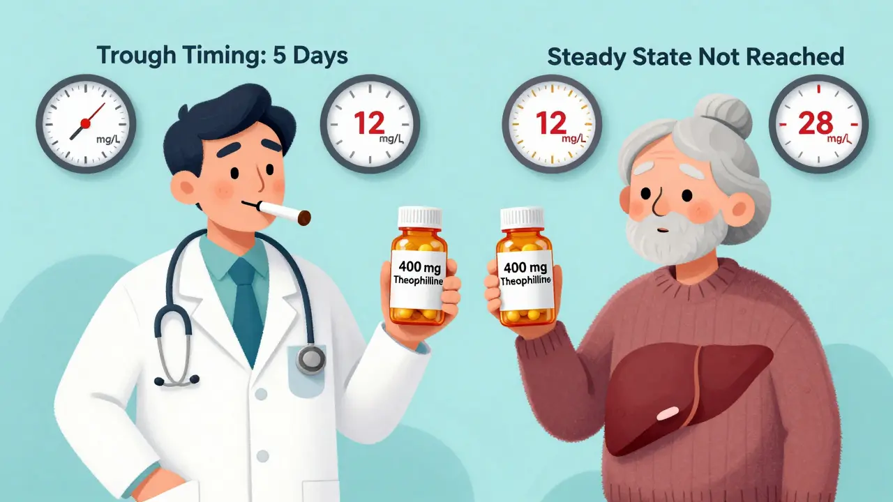 Doctor comparing two patients with same dose but wildly different theophylline levels due to metabolism differences.