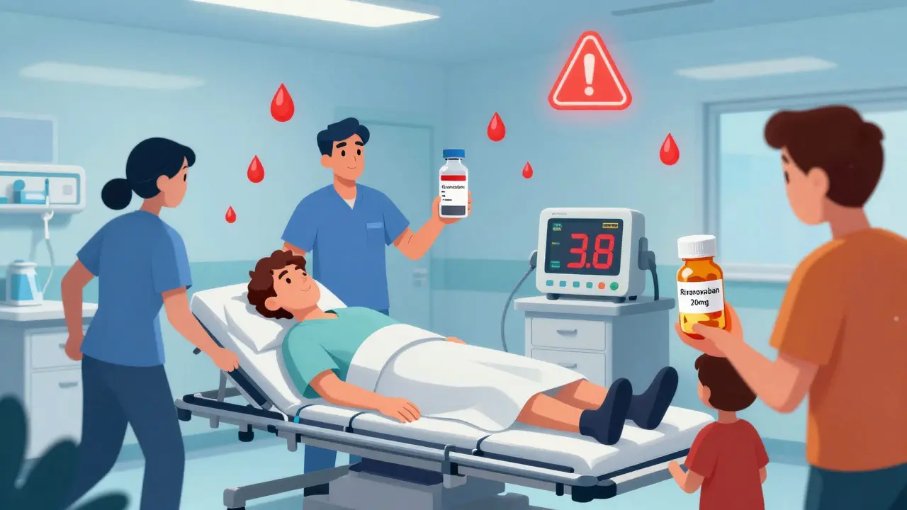 Emergency room scene with patient on gurney, medical team administering antidote, INR monitor showing high value.