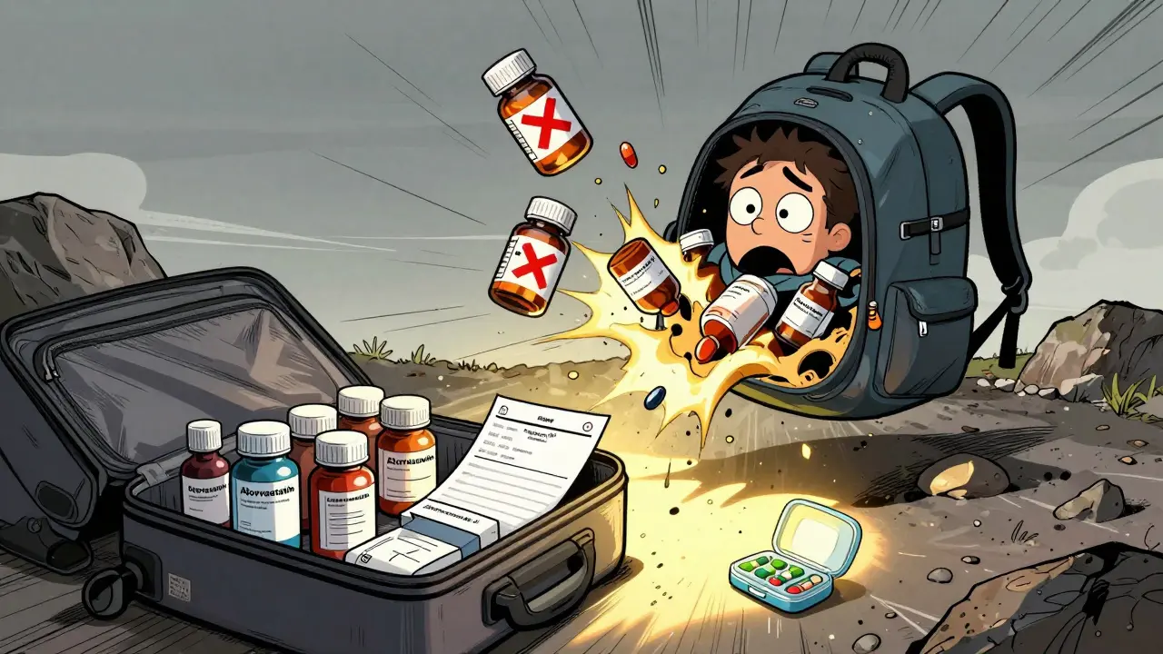 Exploding backpack spilling unlabeled pills while a neatly organized med kit glows safely nearby on a roadside.